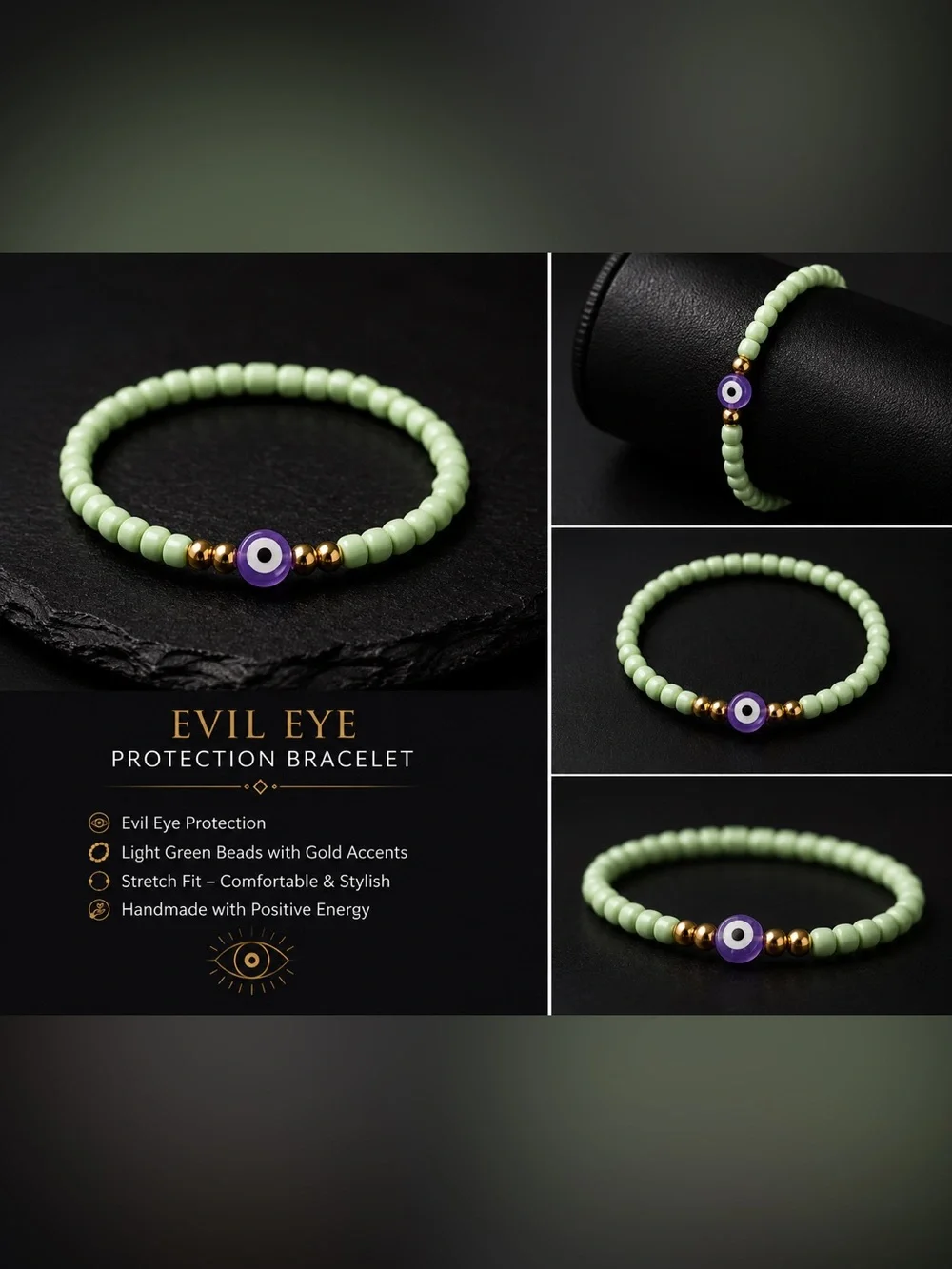 Evil Eye Green Beaded Bracelet with Gold Accents #35